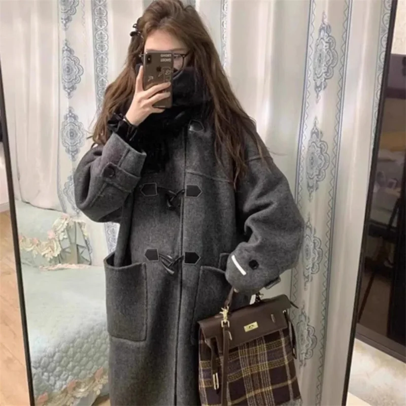 Horn Button Woolen Coat Ladies 2024 New College Style Knee-length Long Sleeve Hooded Joker Fashion Korean Jacket Tide