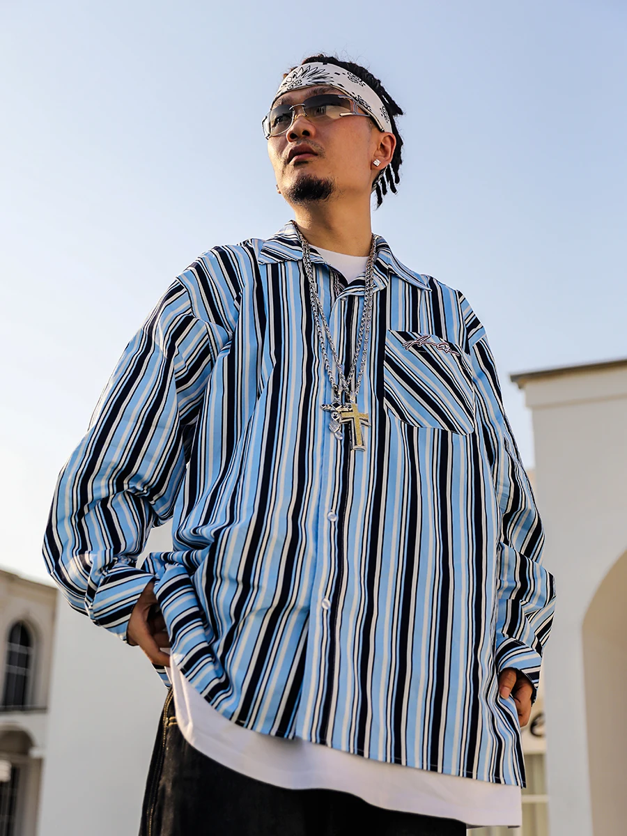 

ACUSA Stripes Long Sleeve Loose Fit Men's Shirt Hip Hop Style Spring Summer Streetwear Breathable Cotton Casual Shirt
