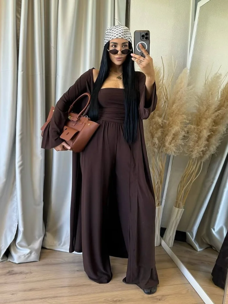 

Women 3 Piece Pants Sets Off Shoulder Sleeveless Cropped Tank Top Long Cardgian Elastic Wide Leg Pant Female Vacation Outfits