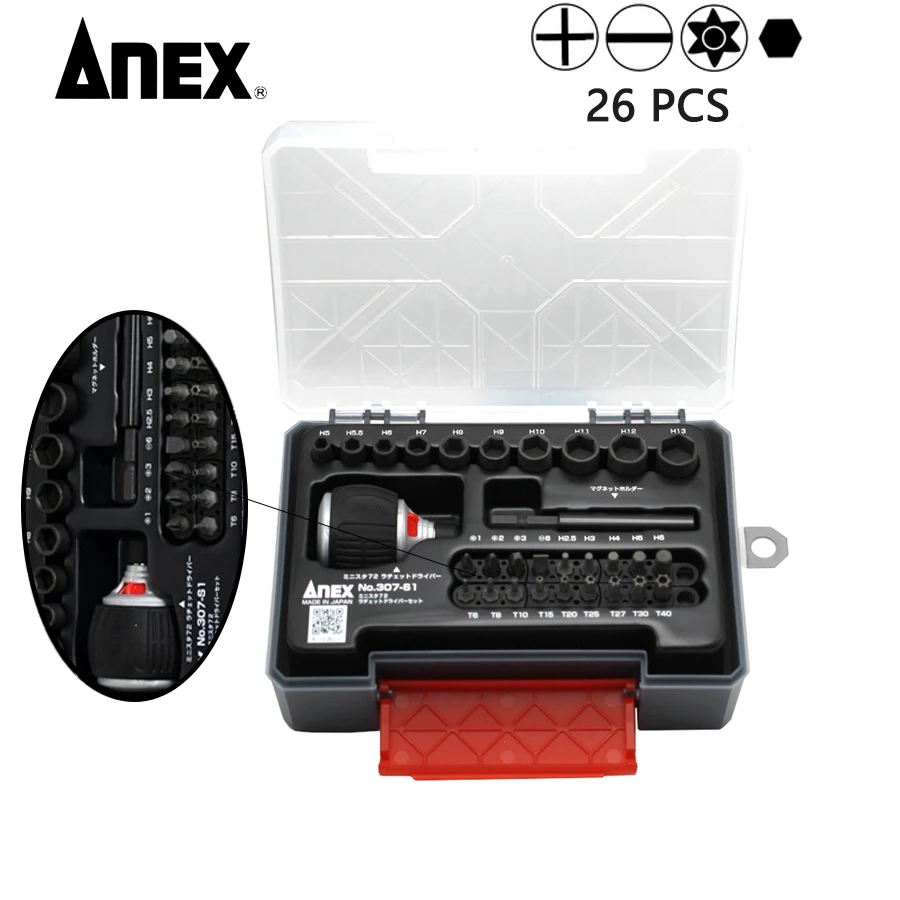 

ANEX 26 in 1 Ratchet Screwdriver Set 72 Gears 1/4 " with Socket and Extension Cable Japan Mini Wrench NO.307-S1