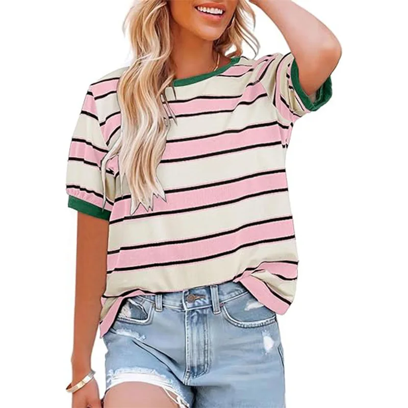 Women Summer Retro Ringer Tee Striped Contrast Neck Puff Short Sleeve Loose Fit Casual T-Shirt Top