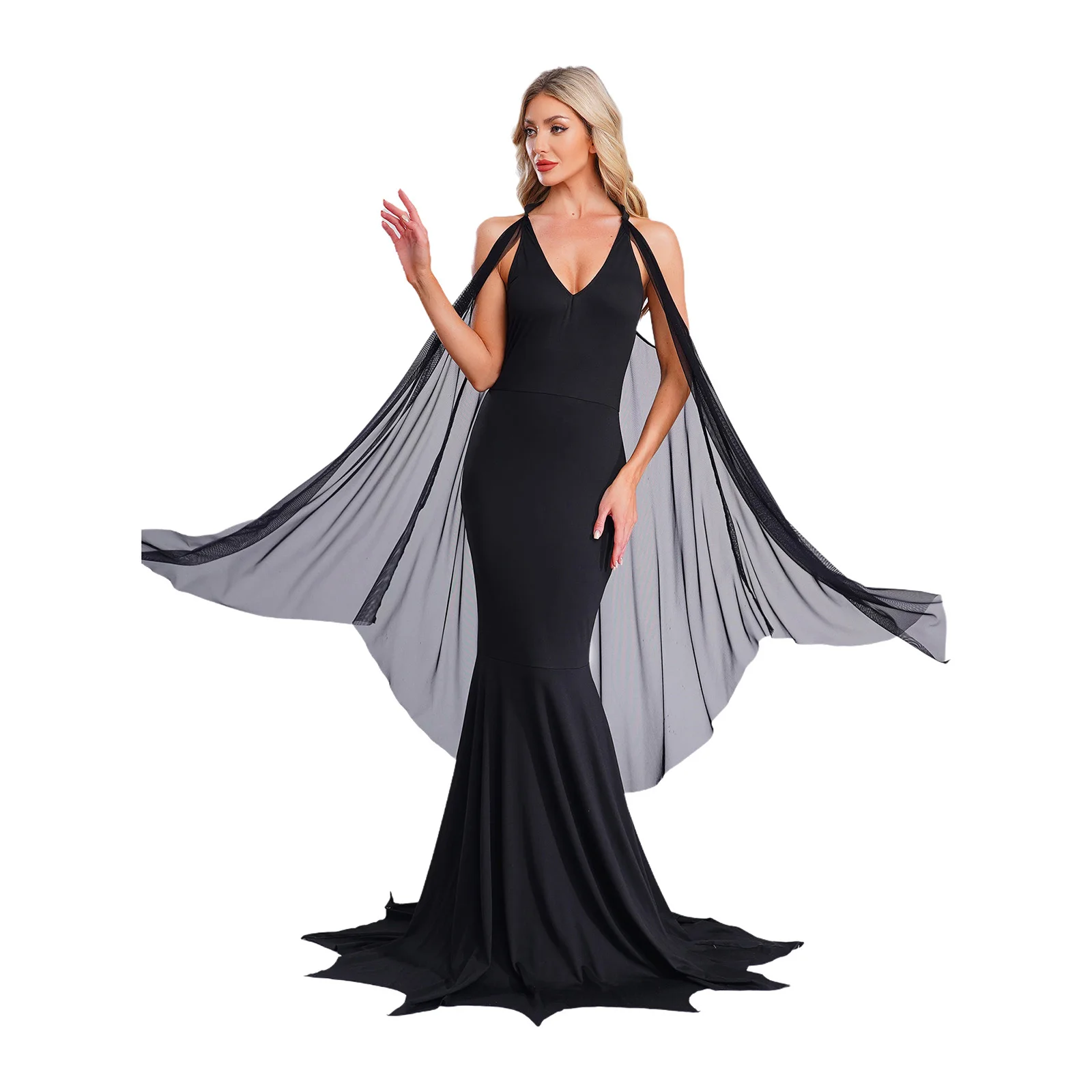 

Women Black Vampire Witch Cosplay Dress Masquerade Halloween Mesh Cape Jagged Hem Maxi Dress Gothic Mermaid Cosplay Dress