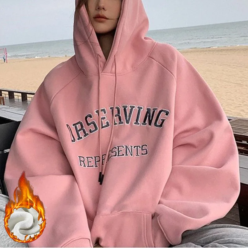Damen-Hoodie mit Kapuze, Verdicktem Futter, Buchstabengrafik, Lockerer Passform, Lässiger Stil, Langarm-Oberteil im College-Stil