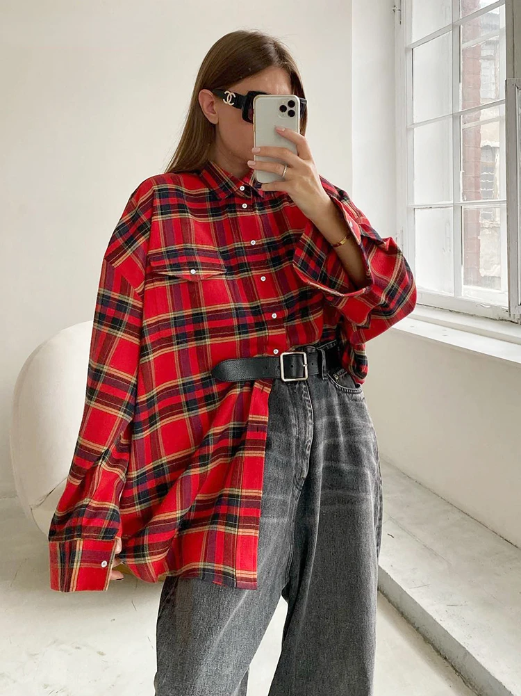 

Bright Gingham Oversized Shirts For Women Street Style Casual Shacket Blouses And Tops Single-Breasted Spring 2024