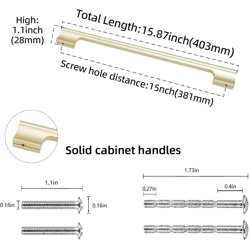 مقابض خزانة المطبخ المصنوعة من النحاس المصقول مقاس 15 بوصة - درج ذهبي حديث يسحب للخزائن والخزائن