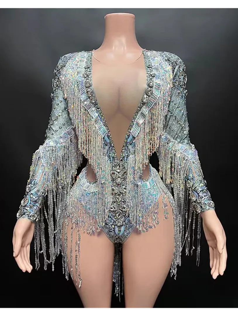 

Silver Sequin Tassel Diamond Unique Design Women's Long-Sleeved Jumpsuit Latin Dance Clothing Stage Performance Clothing