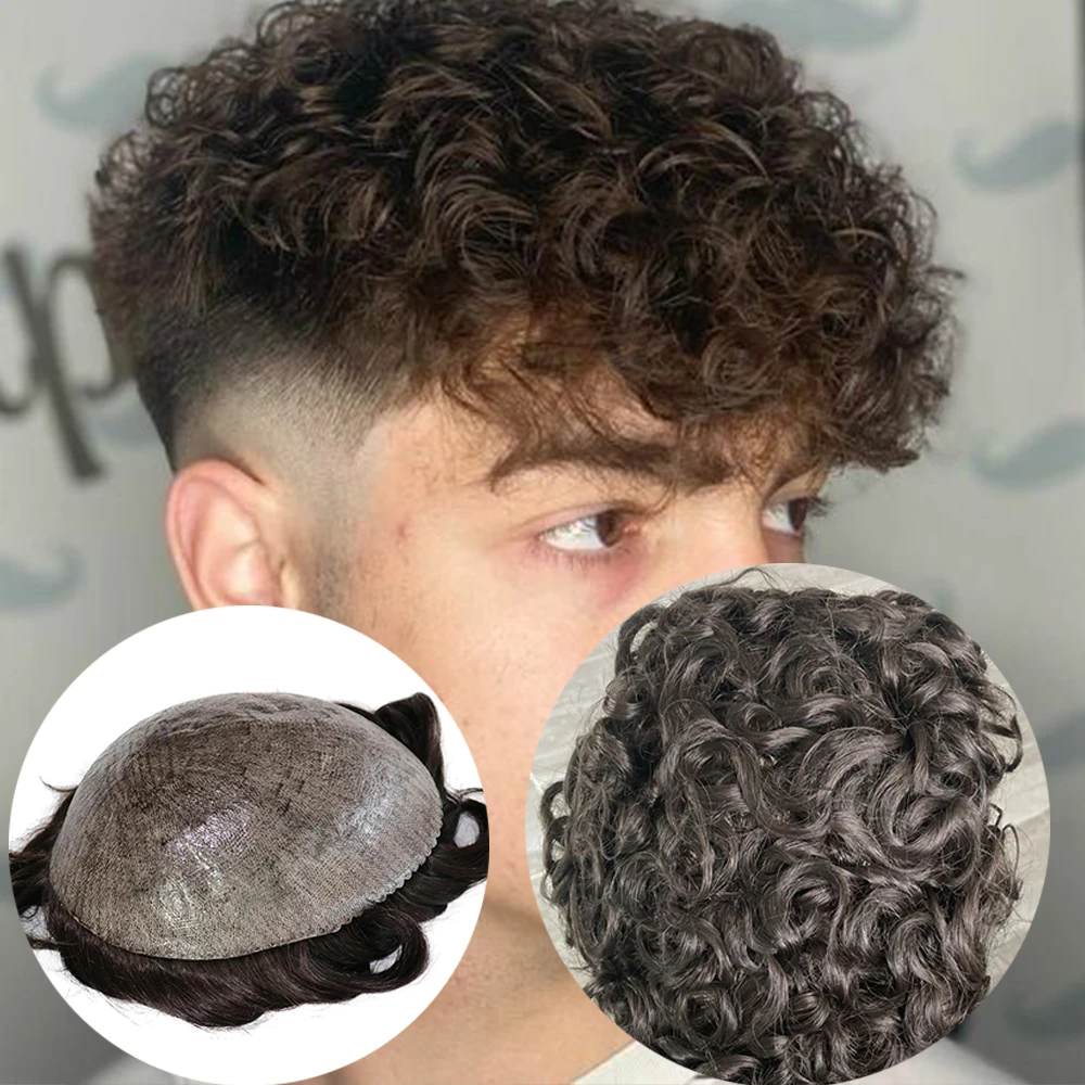 Black Blonde Thin Skin wig for men injected full PU based replacement system 20mm curly men's wig capillary replacement system