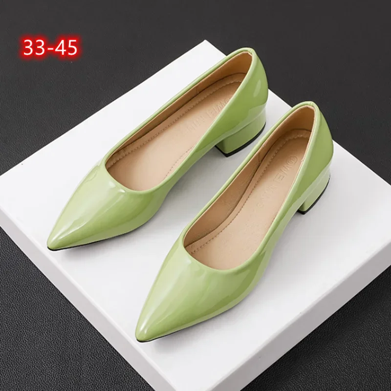 Women Designer Shoes Null Green Wine Office Noiseless Pumps Low Heels 3cm Patent Shiny Leather Elegant Slip-On Plus Sizes 33-45