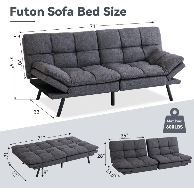 Convertible Futon Sofa Bed Couch,Memory Foam Futon Sofa,Loveseat Sleeper Sofa Bed,Small Splitback Linen Fabric Modern Sofa for