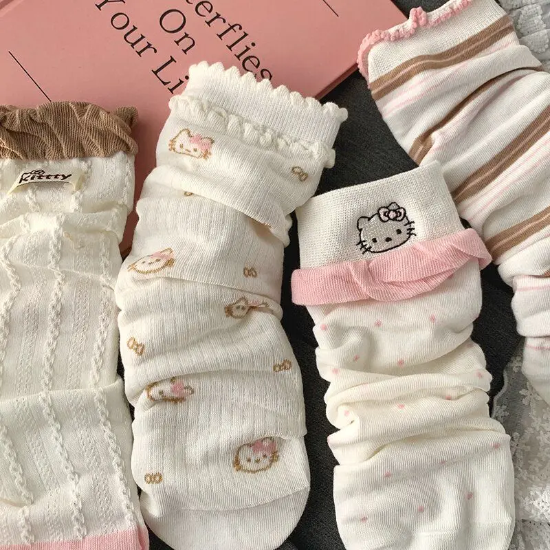 

Sanrios Hello Kittys Stockings Cute Creativity New Socks Fashion Kawaii Ins Sweet Summer Breathable Women's Socks Lace Hot Sell
