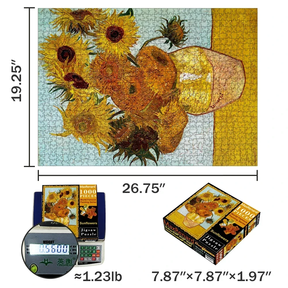 MaxRenard 68*49cm Jigsaw Puzzle 1000 Pieces for Adult Van Gogh Sunflower Old Master Paper Painting Family Game Home Decoration