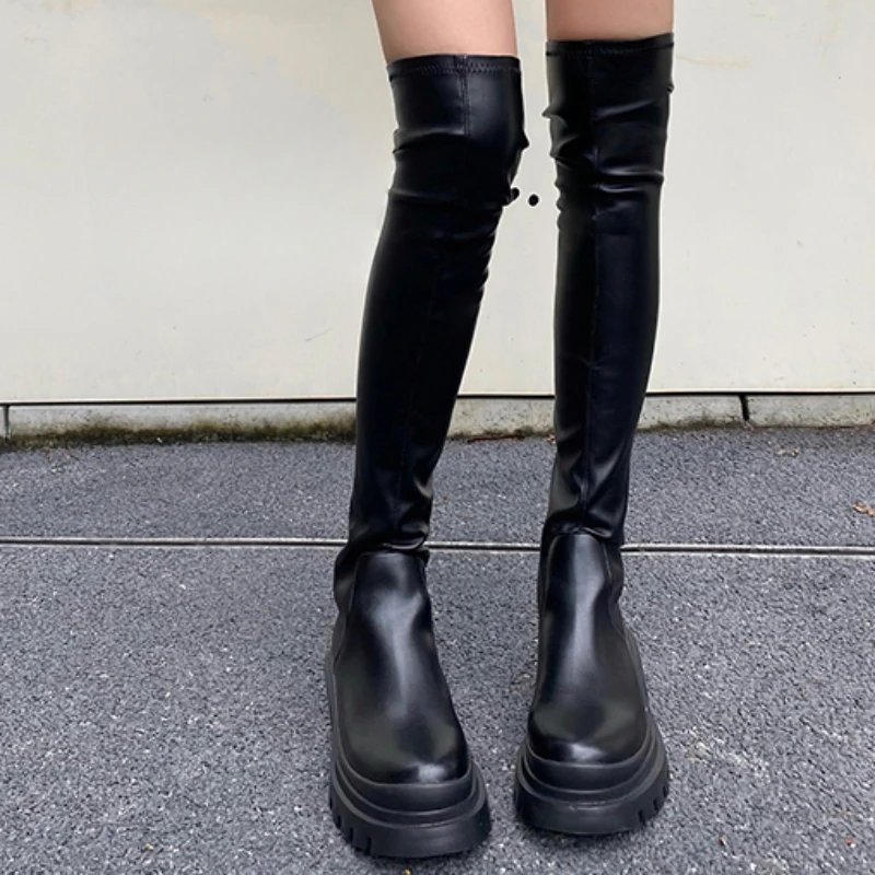 Woman‘s Over-The-Knee Genuine Leather Zipper Thin Elasticity Flat-Bottomed Long High-Barrel Elastic Platform Boots Shoes Women