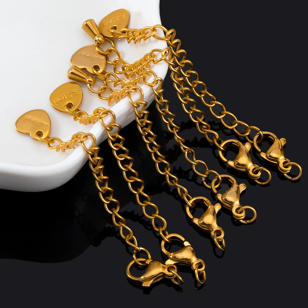 5pcs Stainless Steels Heart Pendants Extended Tail Chain with Lobster Clasps for DIY Bracelet Necklace Connector Jewelry Making
