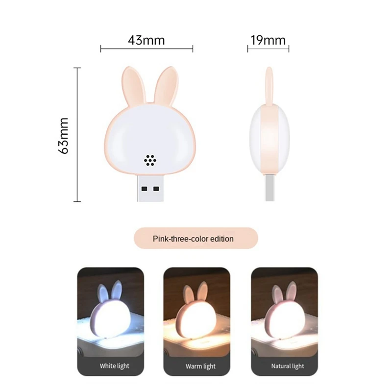 2 pçs lâmpada de leitura usb, mini coelho luz noturna, voz inteligente 3 cores lâmpada de mesa para o quarto das crianças rosa fácil de usar