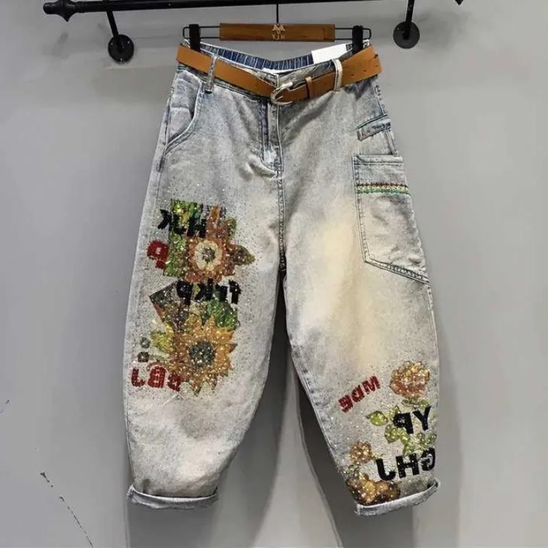

European Station 2026 Summer Large Size Jeans Heavy Industry Beading Loose Denim Pants High Waist Korean Harem Denim Pants 5XL