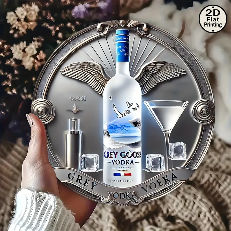 Graues GooseVodka-Wandblechschild aus Metall, rundes Kunstdekor aus Eisen mit Eiswürfeln, rustikales Zuhause, ideales Geschenk für Wohnzimmer, Café, Außenbereich