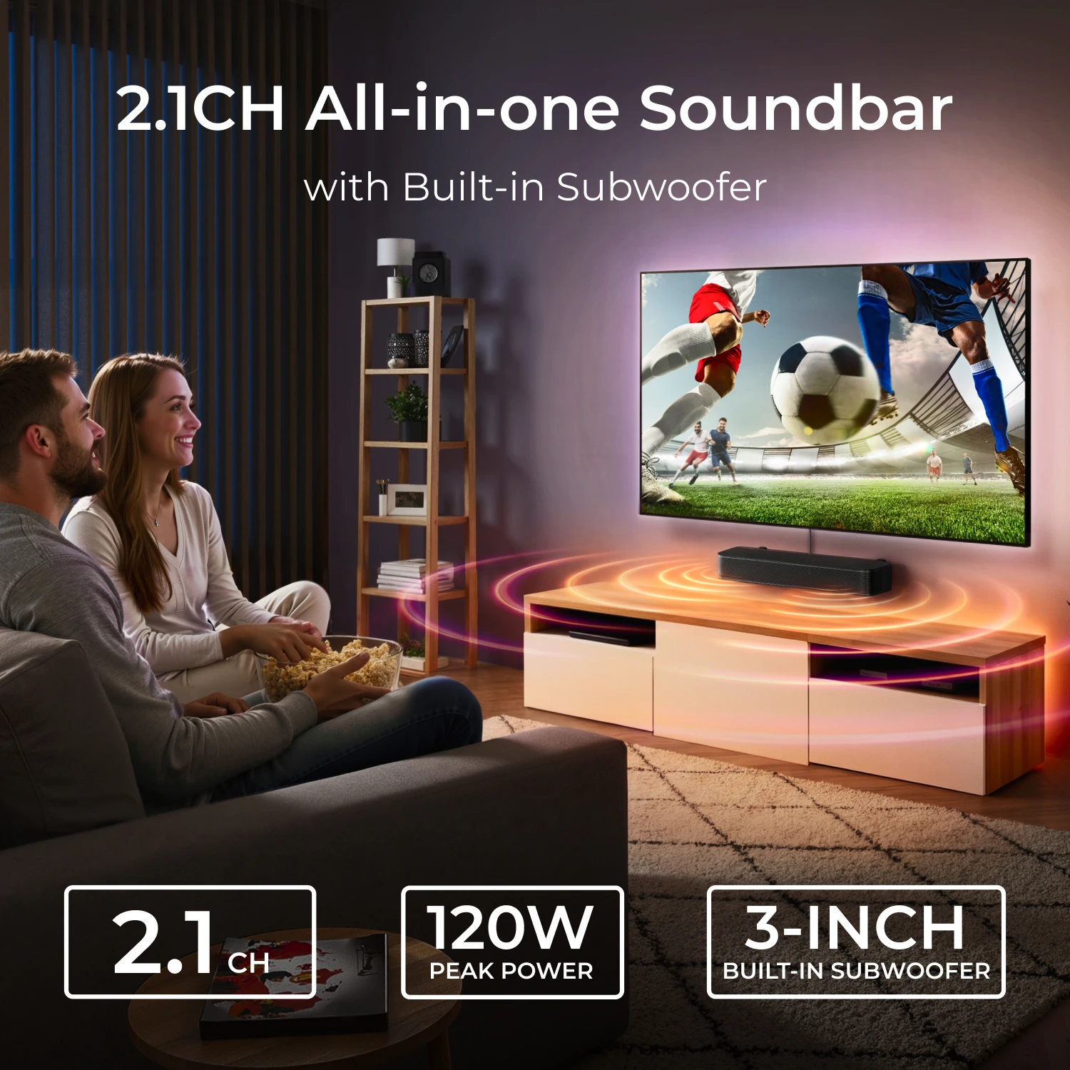ULTIMEA 120W 2.1ch Compact Soundbar for TV, 3-Inch Built-in Subwoofer, Bluetooth 5.4 TV Sound Bar Speakers image 2