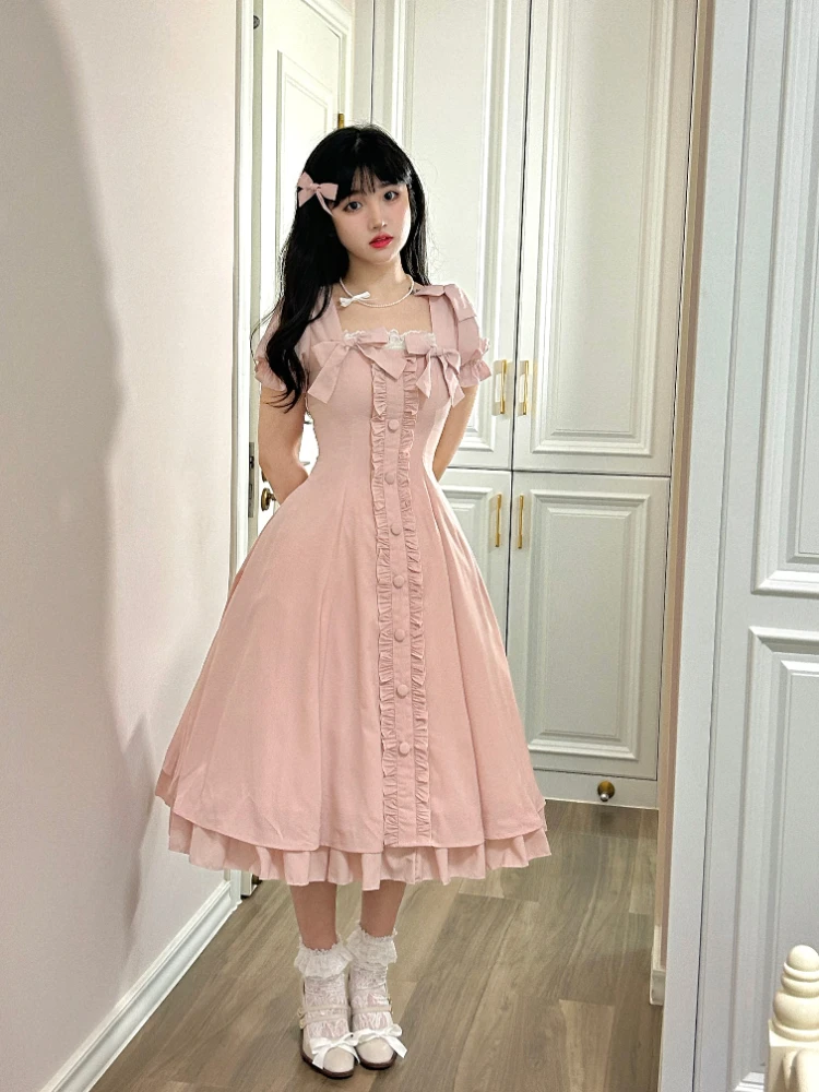 Lolita-Robe Longue en Dentelle OP pour Femme, Vêtement Rétro, Classique, Col Évasé, Volants Courts, Simple Boutonnage, Taille Haute, Slim, Ligne A, Douce