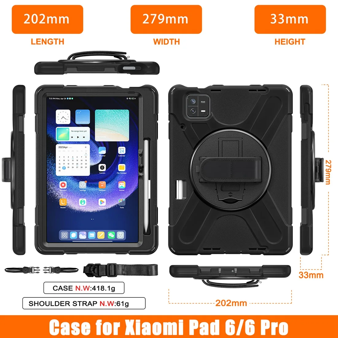 Cinturino a mano 360 cavalletto girevole custodia protettiva robusta per Xiaomi Pad 6/Pad 6 Pro Case 11.0 pollici, protezione dello schermo integrata