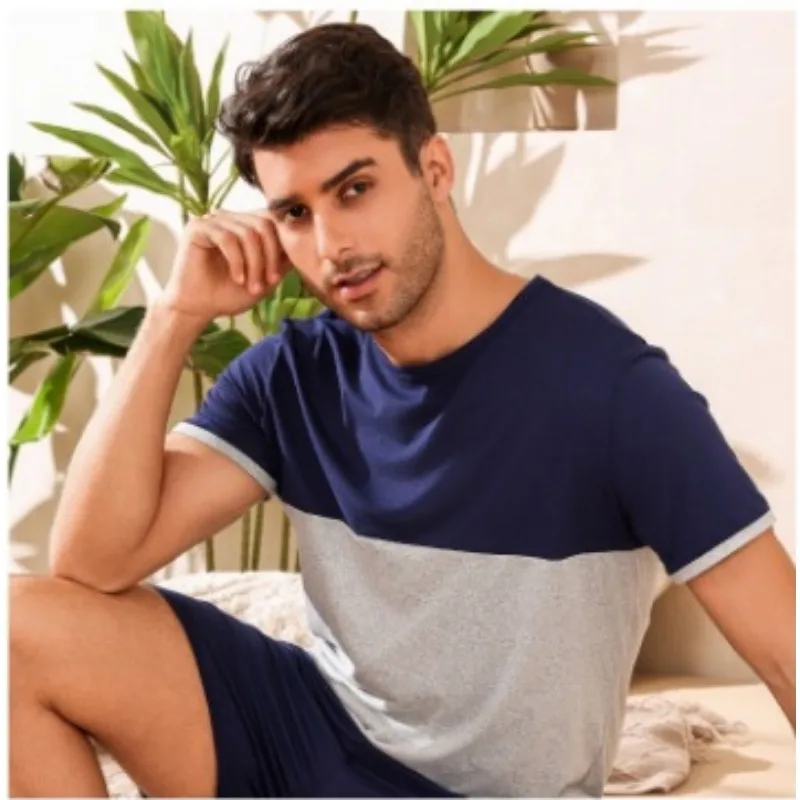 Men Pajama Set Simple Teen Spring Summer O-Neck Pullover Short Sleeve Shorts Loose Breathable Loungewear 2 Piece Set Sleepwear