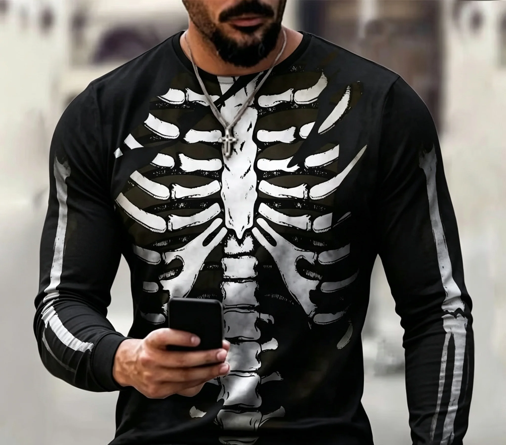 Herren Skelett-Rippenkasten 3D-Druck Rundhals Langarm-T-Shirt, Gothic Totenkopf Grafik Lässige Streetwear Langarm-Oberteile – Detail 3