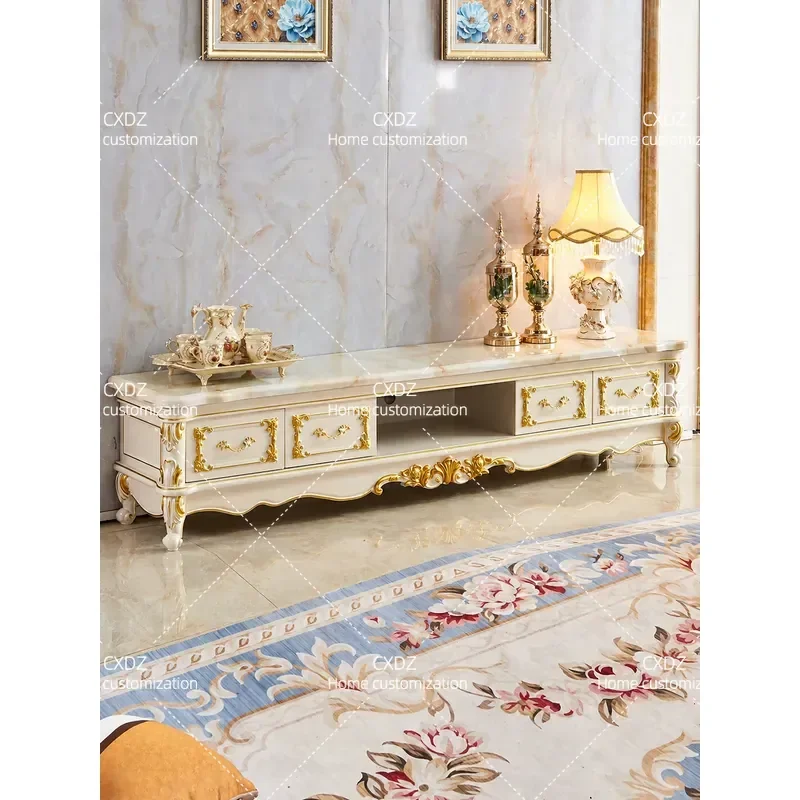 White Marble and Solid Wood TV Cabinet with Gold Accents Simple Storage Floor Unit for Living Room Carved Coffee Table