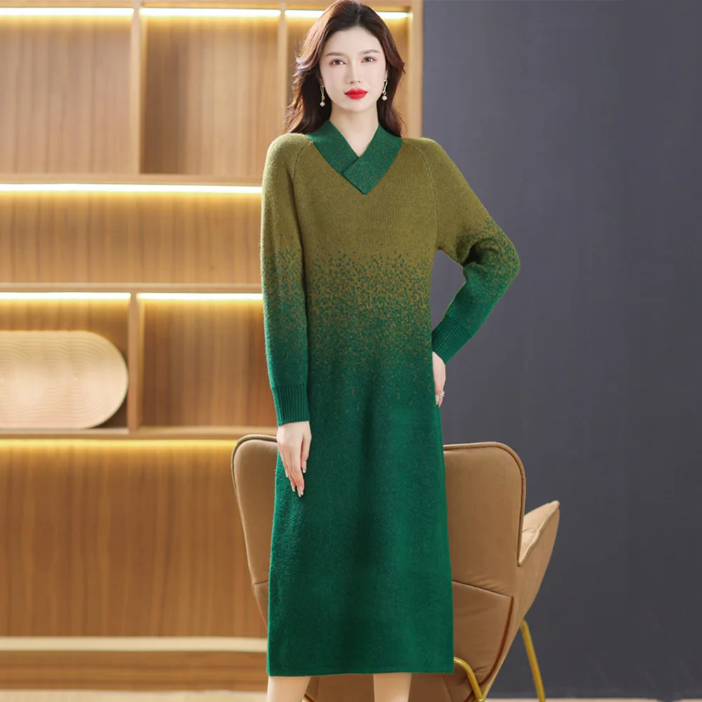 

New Women Gradient Contrast Color Sweater Dress Autumn Winter Fashion V-Neck Long Sleeve A-straight Loose Knitted Sweater