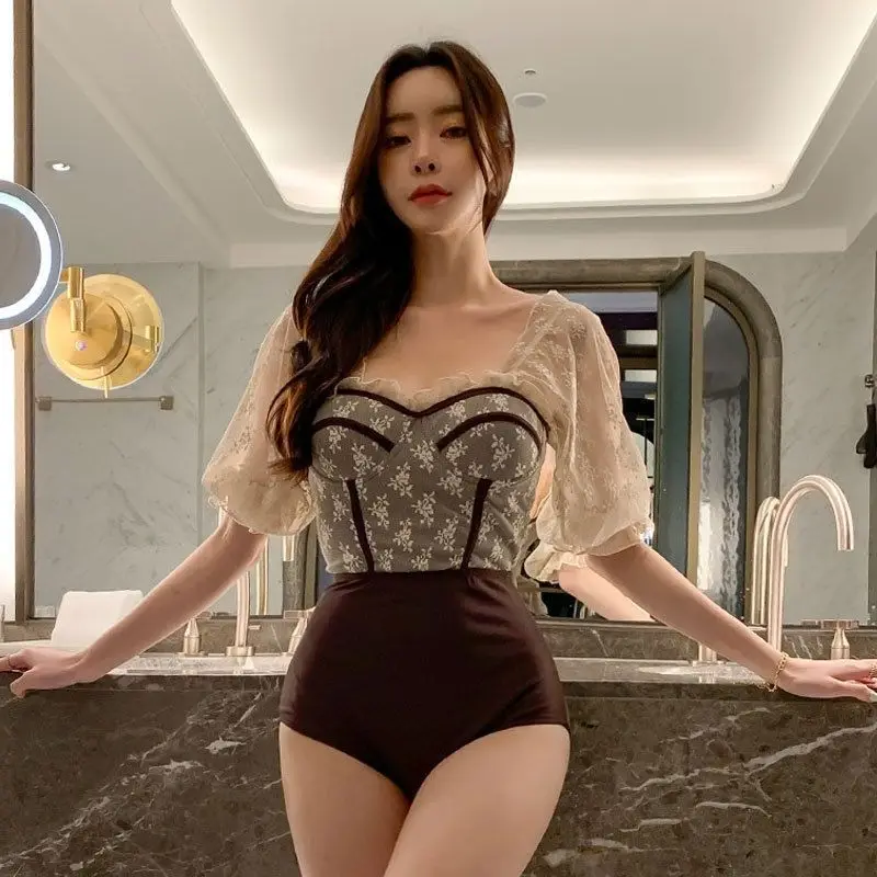 

Женский слитный купальник с кружевом и длинными рукавами, термокупальник с эффектом похудения, скрывающий живот, повседневный купальный костюм из нейлоновой ткани