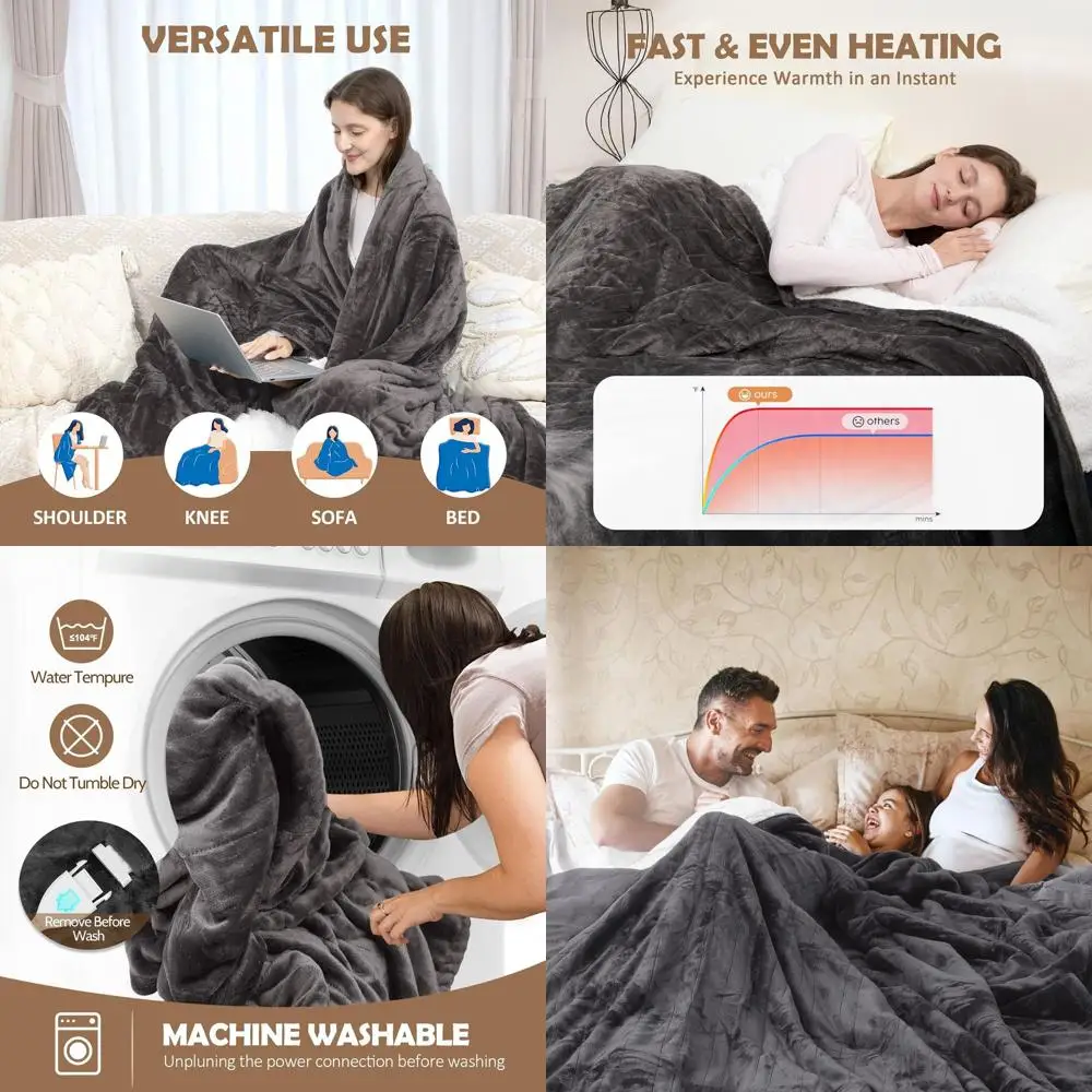 

King Size Electric Blanket with Dual Controls, 10 Timers, 6 Heat Levels, Overheat Protection, Flannel Sherpa, ETL Certified, Gra