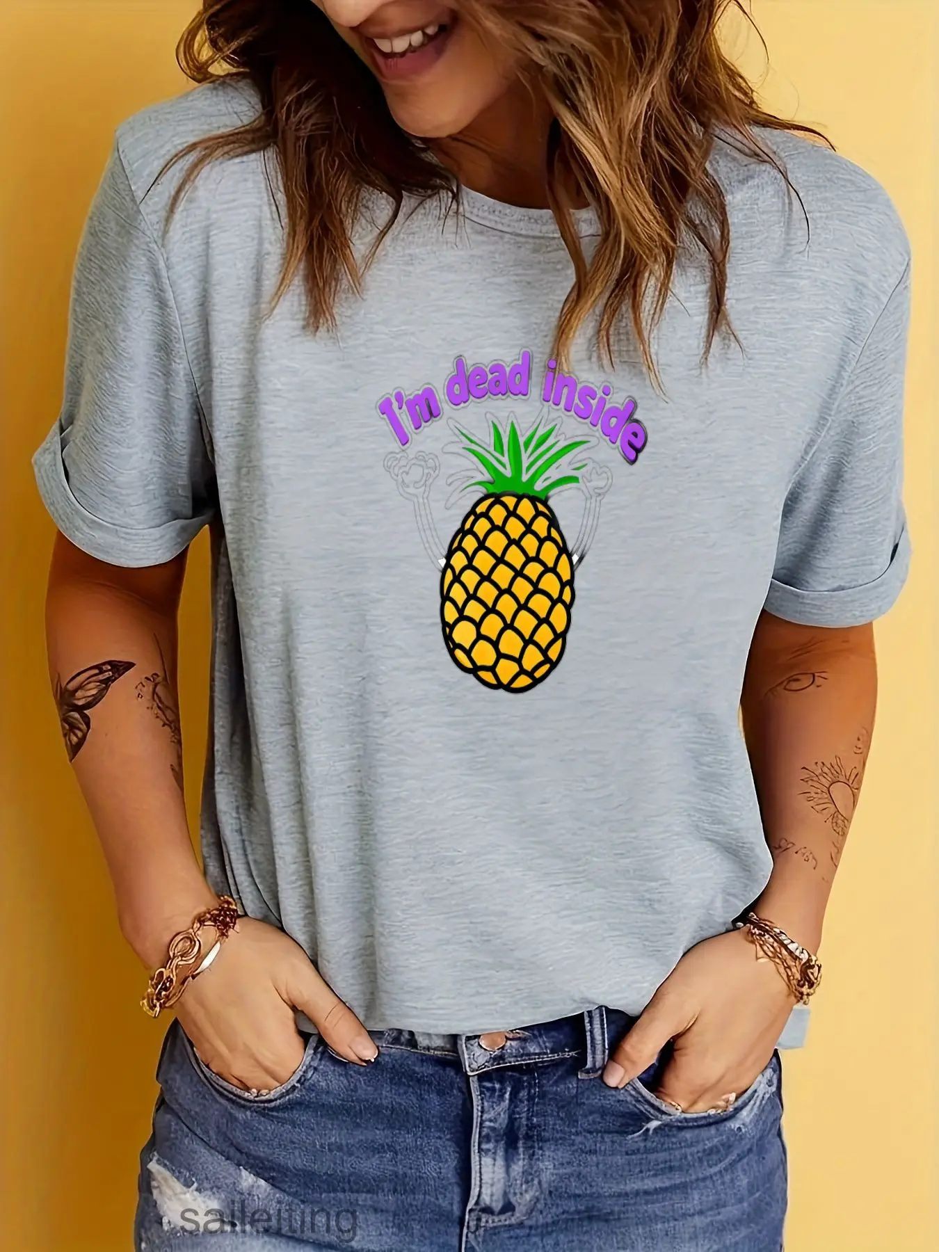 I'm Dead Inside Pineapple Graphic T-Shirt - Funny Cartoon Tee for Women Men, Soft Short Sleeve Summer Top, Casual Streetwear