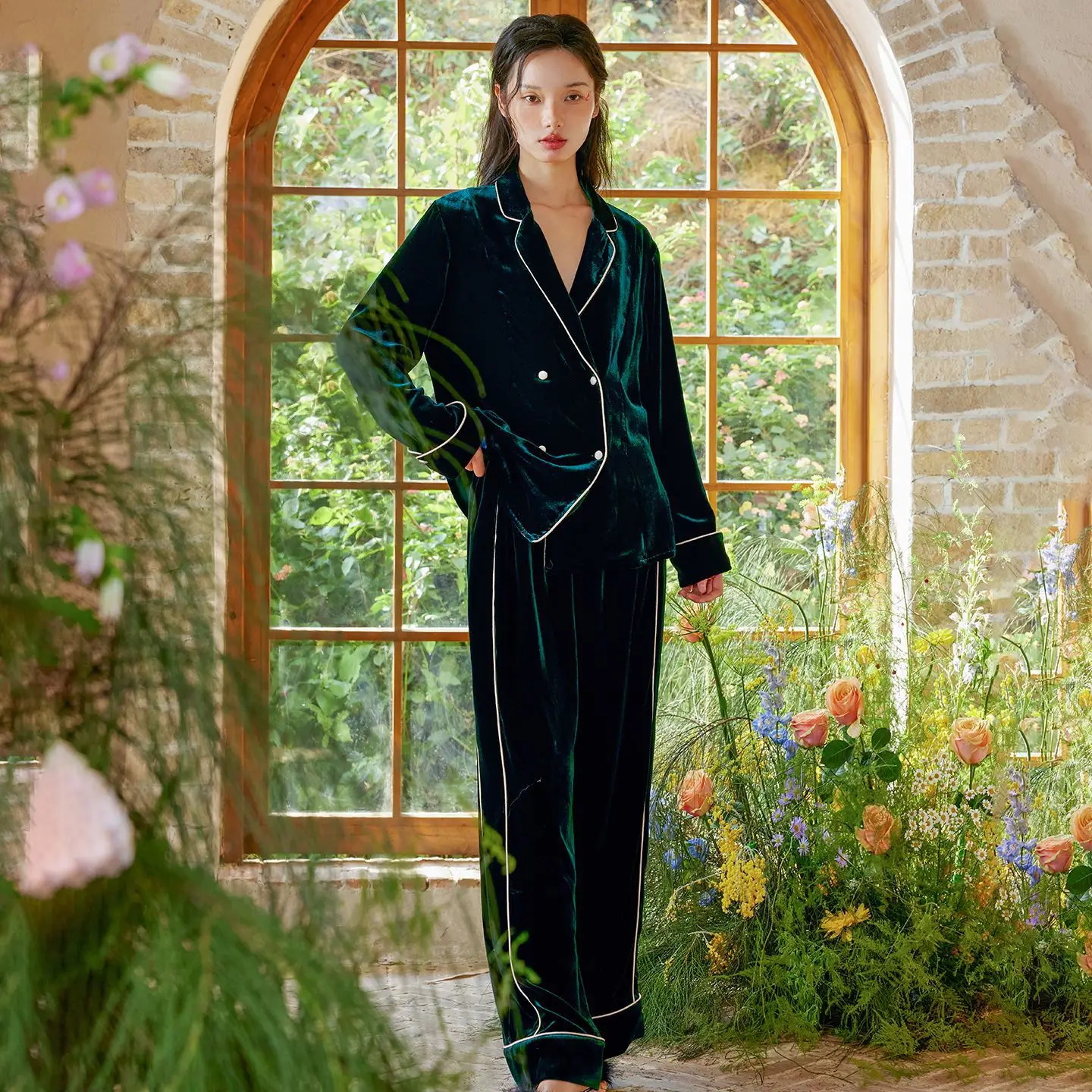 Mulberry Silk Velvet Women Pajamas Set Classic Retro 2Pcs Casual Loungewear Luxury Soft Warm Home Sleepwear Suit