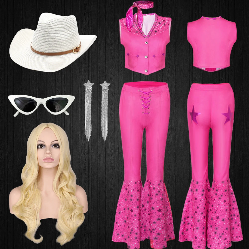 

Margot Robbie New Movies Adult Barbi Cosplay Costume Party Fashion Women Girls Street Punk Vest Bell-bottoms Pink Clothing Set