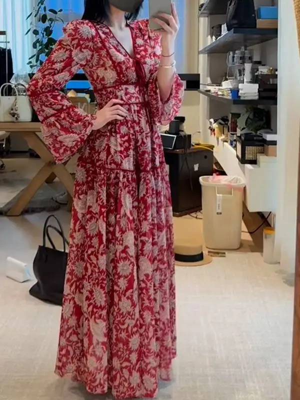 Faionable Red V-Ne Floral Dr 2025 صيف جديد Sle المرأة عالية الخصر ألف خط تنورة طويلة Sve سستة إغلاق تخفيف...