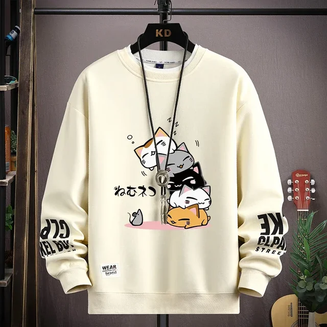 Wiosenna bluza męska Japan Cartoon Cats Printed Long Sleeve T-shirt Moda Odzież męska Khaki O Neck Harajuku Top 2024 Nowość