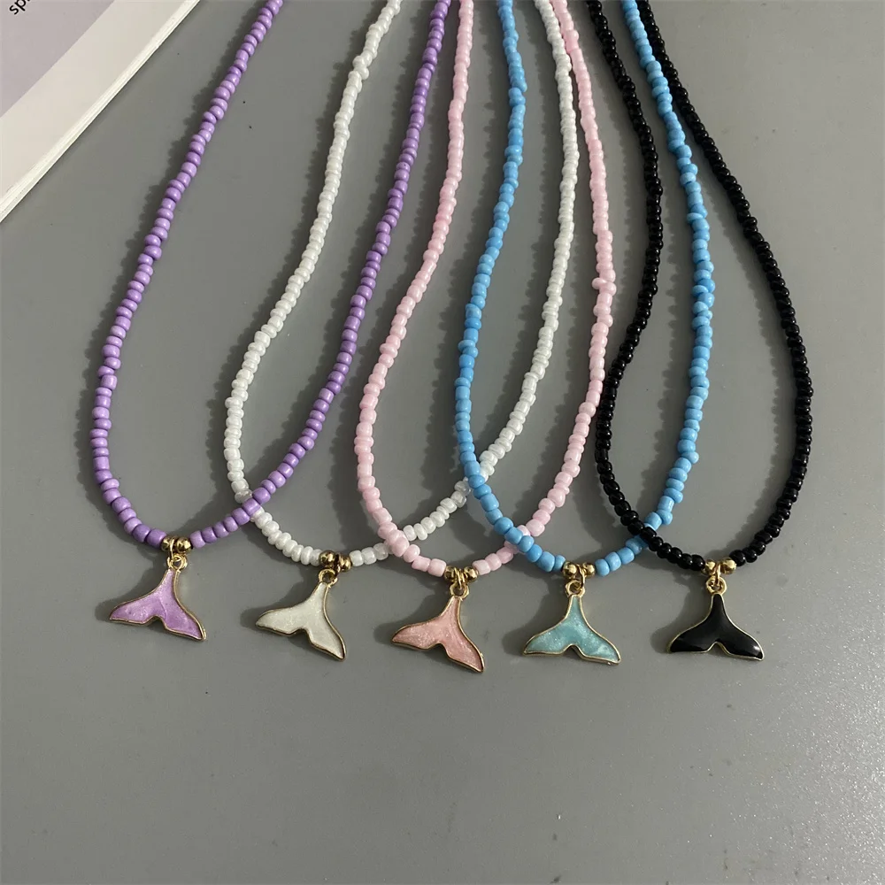 Whale Tail Pendant Necklace – Colorful Seed Beads Choker Necklace for Trendy Women