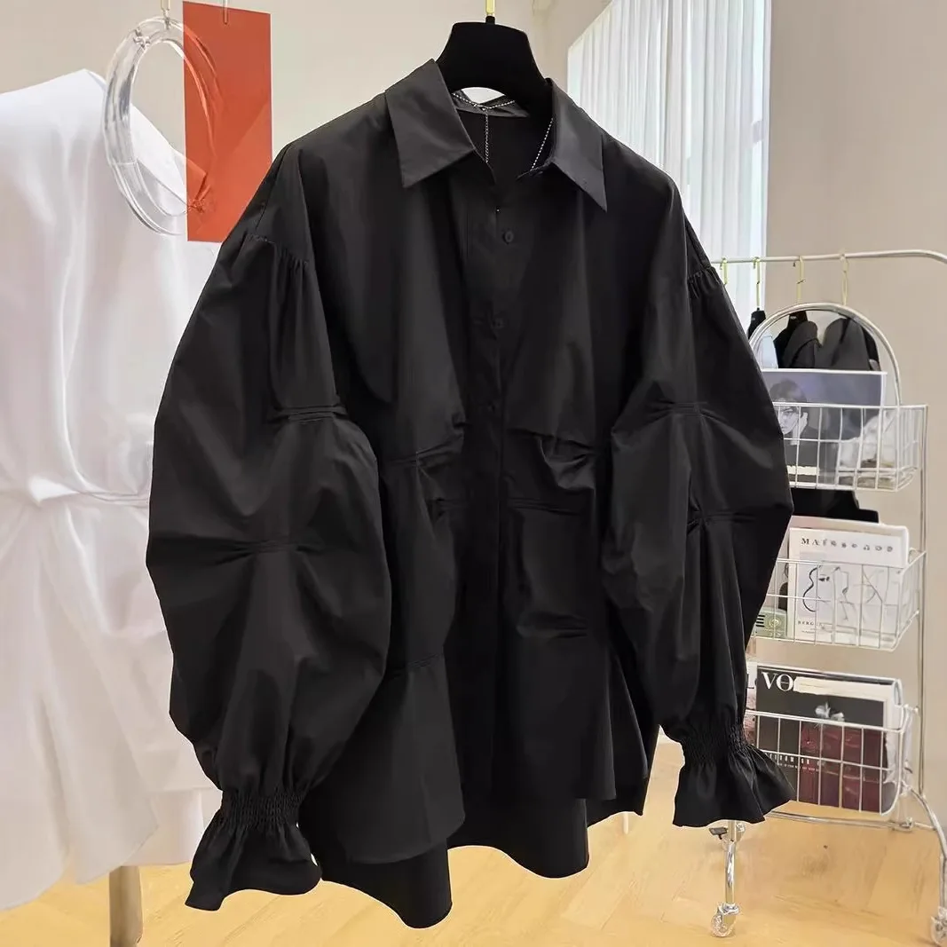 

Casual Shirts Women Loose Lantern Sleeve Buttons Turn-Down Collar Pleated Blouse Lady Spring Summer Black Shirts Woman All-match