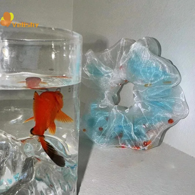 1Pcs 여름 블루 금붕어 대장 헤어 번들 메쉬 클리어 헤어 링 여성 디자인 감각 탄성 헤어 액세서리