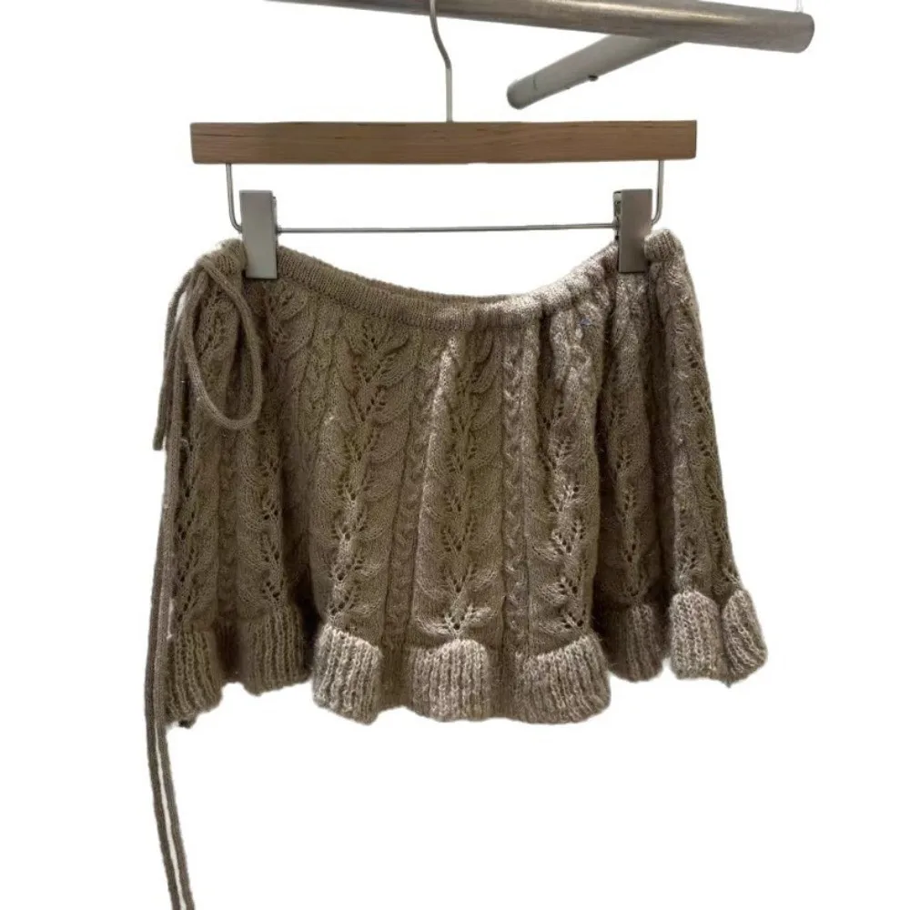 Cable Knit Layering Mini Skirt Drawstring Waist Half Skirt Knit Mini Skirt Decorative Design Ruffle Hem Overlay Skirt