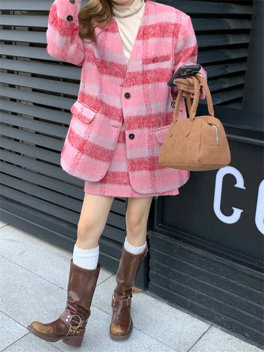 Alien Kitty Pink Winter Thicken Elegant Women Blazers Plaid Chic Woolen 2023 Sets Office Lady Sweet New Slim Mini Skirts Suits