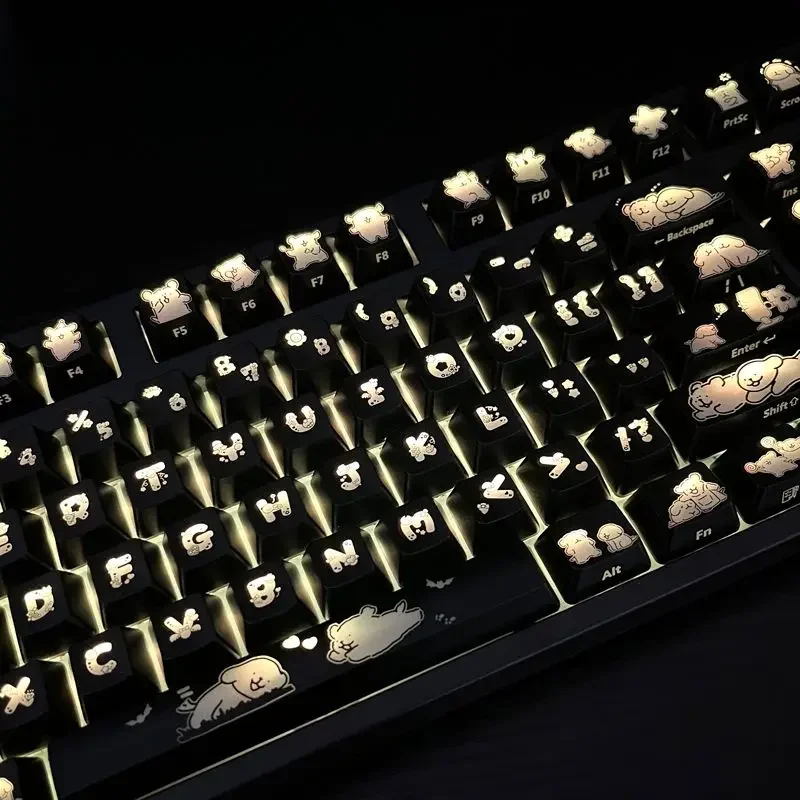 108-مفتاح أغطية مفاتيح سوداء شفافة لطيف خط جرو Keycap Oem Pbt مناسبة للوحة المفاتيح الميكانيكية ذاتية الصنع 61/84/104/108-مفتاح