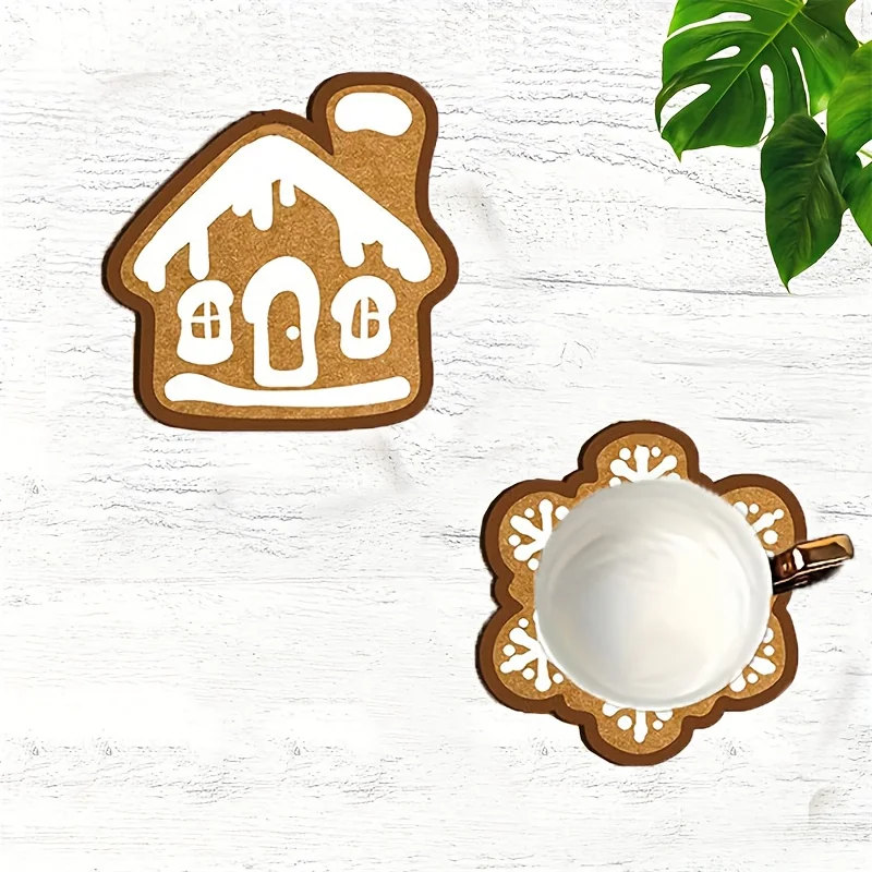 12/6 Pieces of Randomly Assorted 2D Flat Wooden Coasters with Gingerbread Man, Snowflake, Heart-Shaped, and Nordic Cabin Designs - Winter Christmas and Halloween Decorations, Heat-Resistant Round Drink Holders, Suitabl