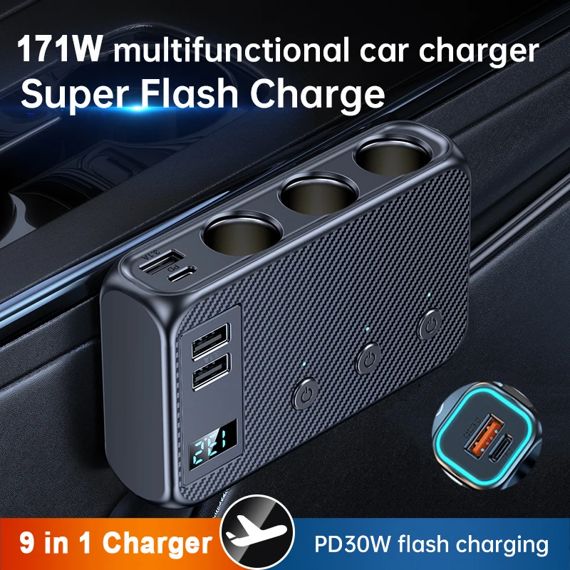 171W 9 in 1 Car Charger Adapter PD QC Fast Charger Adapter Socket Car Cigarette Lighter Splitter Charge Independent Switches