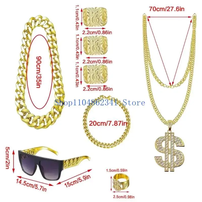 5asd kostium hiphopowy zestaw 80. 90. strój cosplay biżuteria fajne akcesoria raperowe dla kobiet mężczyzn złoty łańcuszek do