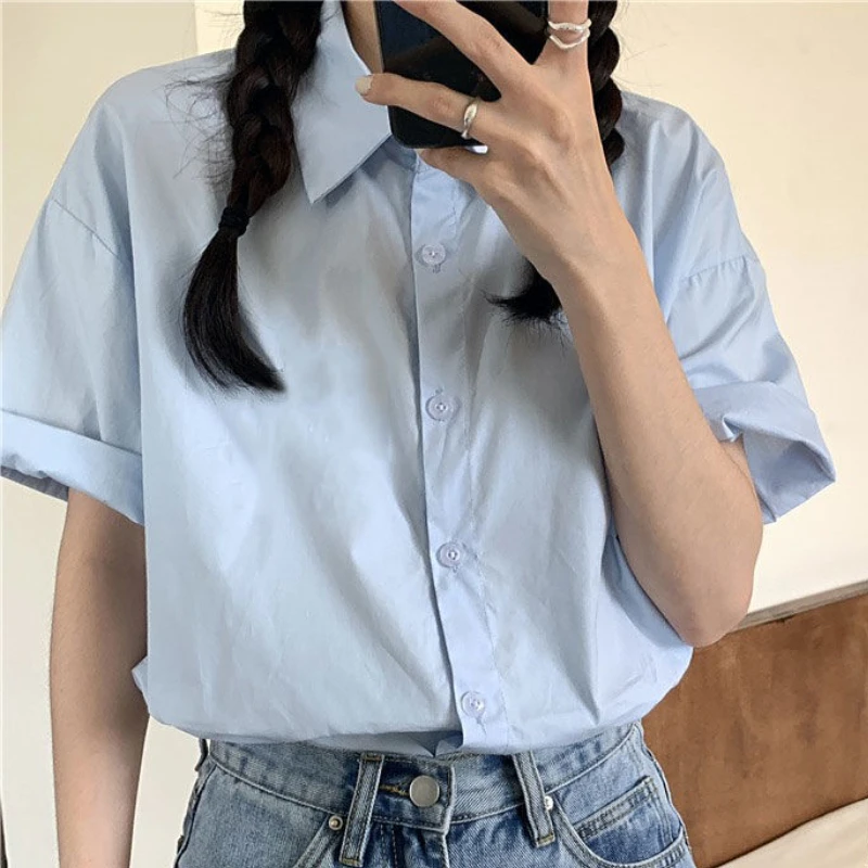 Basic Shirts Women Minimalist Pure Daily Short-sleeve Summer Straight All-match Casual Korean Style Colleges White Classic Chic