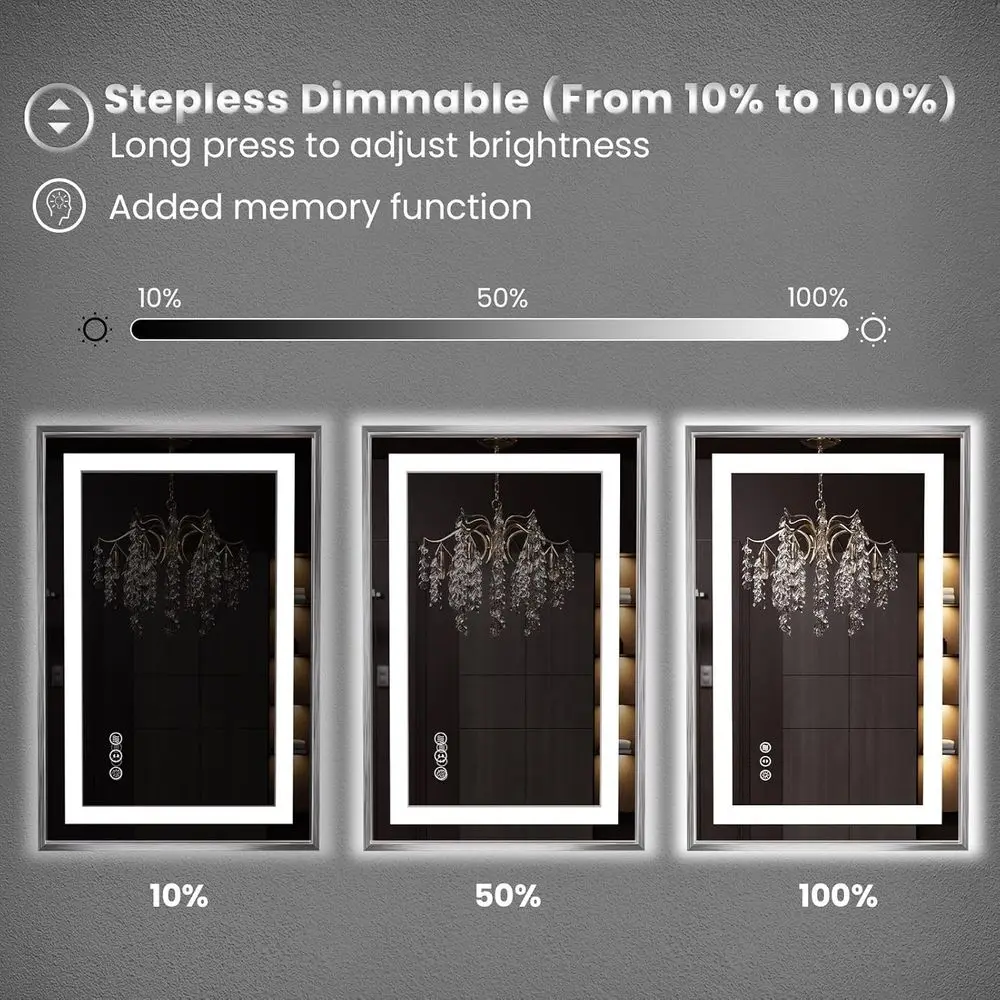 مرآة حمام مضيئة 24 × 36 بإطار من النيكل المصقول، مضادة للضباب، مقاومة للكسر، قابلة للتعتيم، 3 ألوان #3