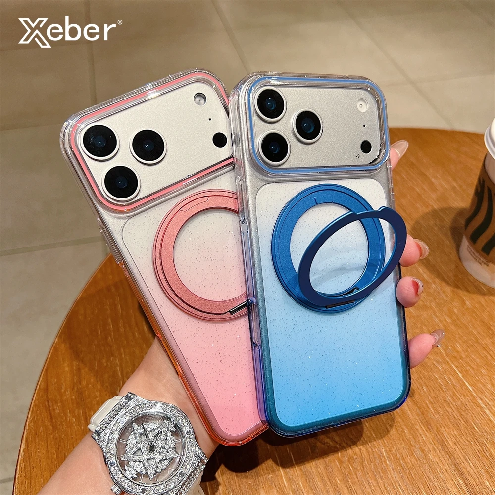 Transparent 360° ° Rotierende Metallhalter-Ringhalterung für Magsafe, magnetische Hülle für iPhone 17/16 Pro Max Plus, Farbverlauf, klare Abdeckung