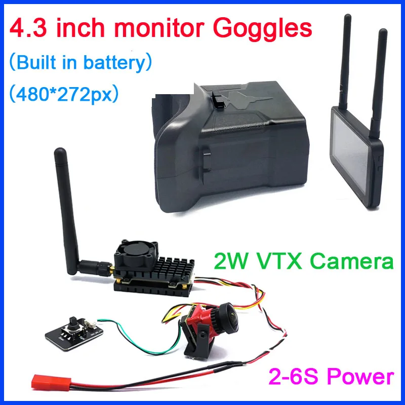 5.8G 48CH 4.3 Inch HD LED VR FPV Goggles Monitor with Long Range 5.8Ghz 48CH 2W VTX transmitter and Starlight 1200TVL fpv camera