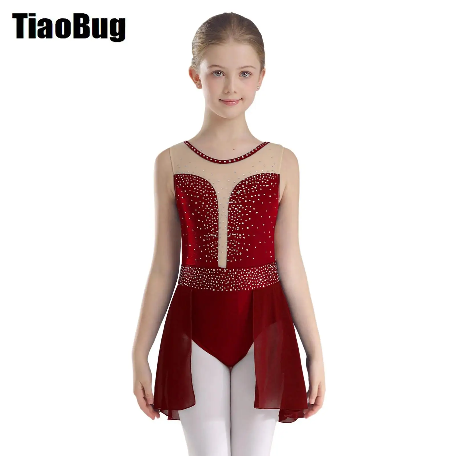 

Kids Girls Ballet Leotard Lyrical Performance Competition Costume Sparkly Rhinestones Crisscross U Back Skirted Dancewear