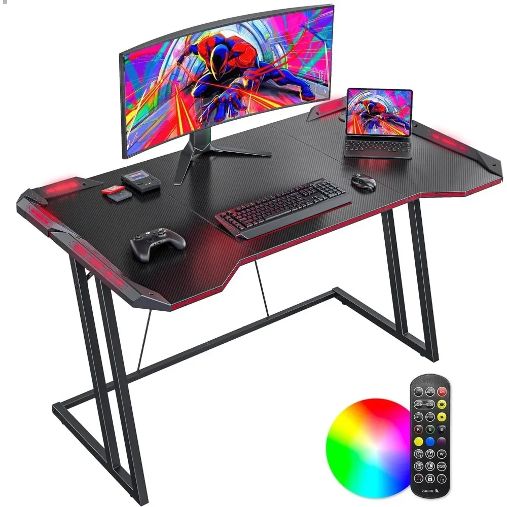 

Gaming Desk with LED, 47 Inch Gamer Workstation, Home Computer with Carbon Fiber Surface, Black