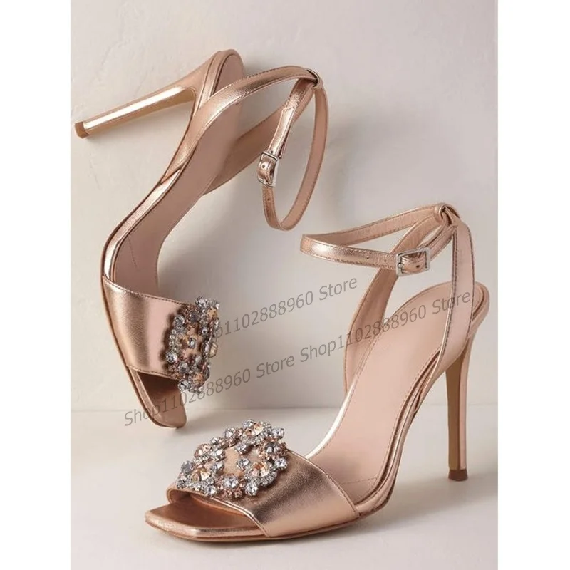 

Solid Metallic Metal Crystal Decor Sandals Thin High Heel Women Shoes Ankle Buckle Strap Peep Toe 2023 Sexy Zapatos Para Mujere